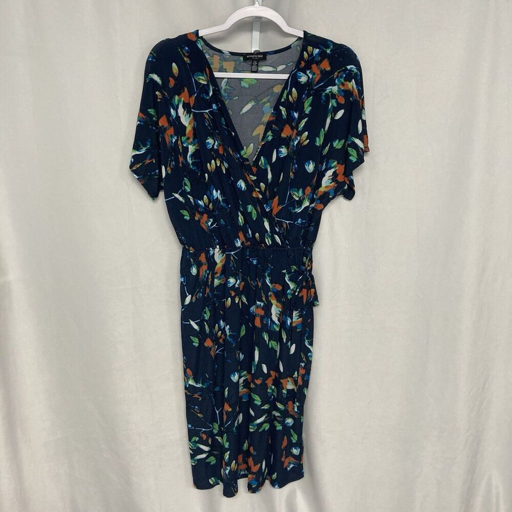KENNETH COLE blue multicolor floral short sleeve faux wrap dress M